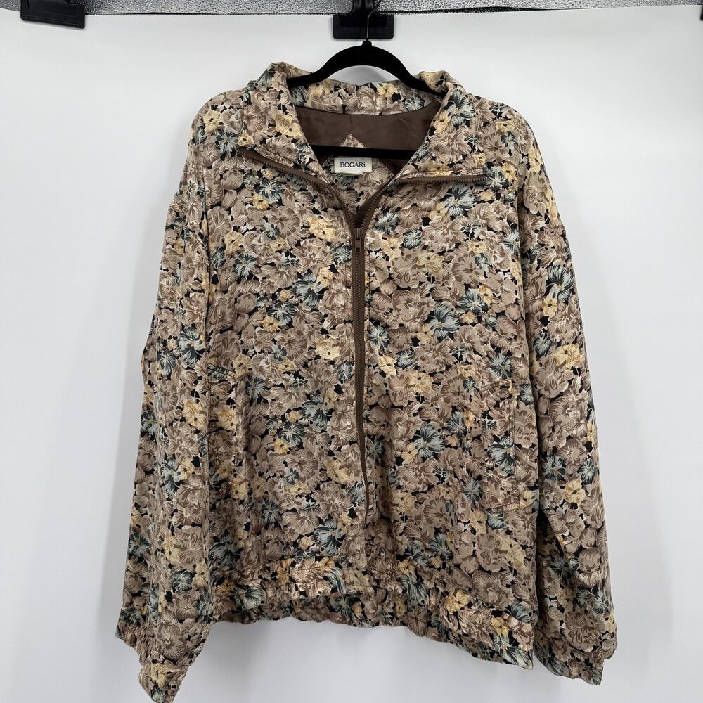 Vintage Bogari Jacket‎ Womens Large Brown Floral Silk Zip Pullover Lined